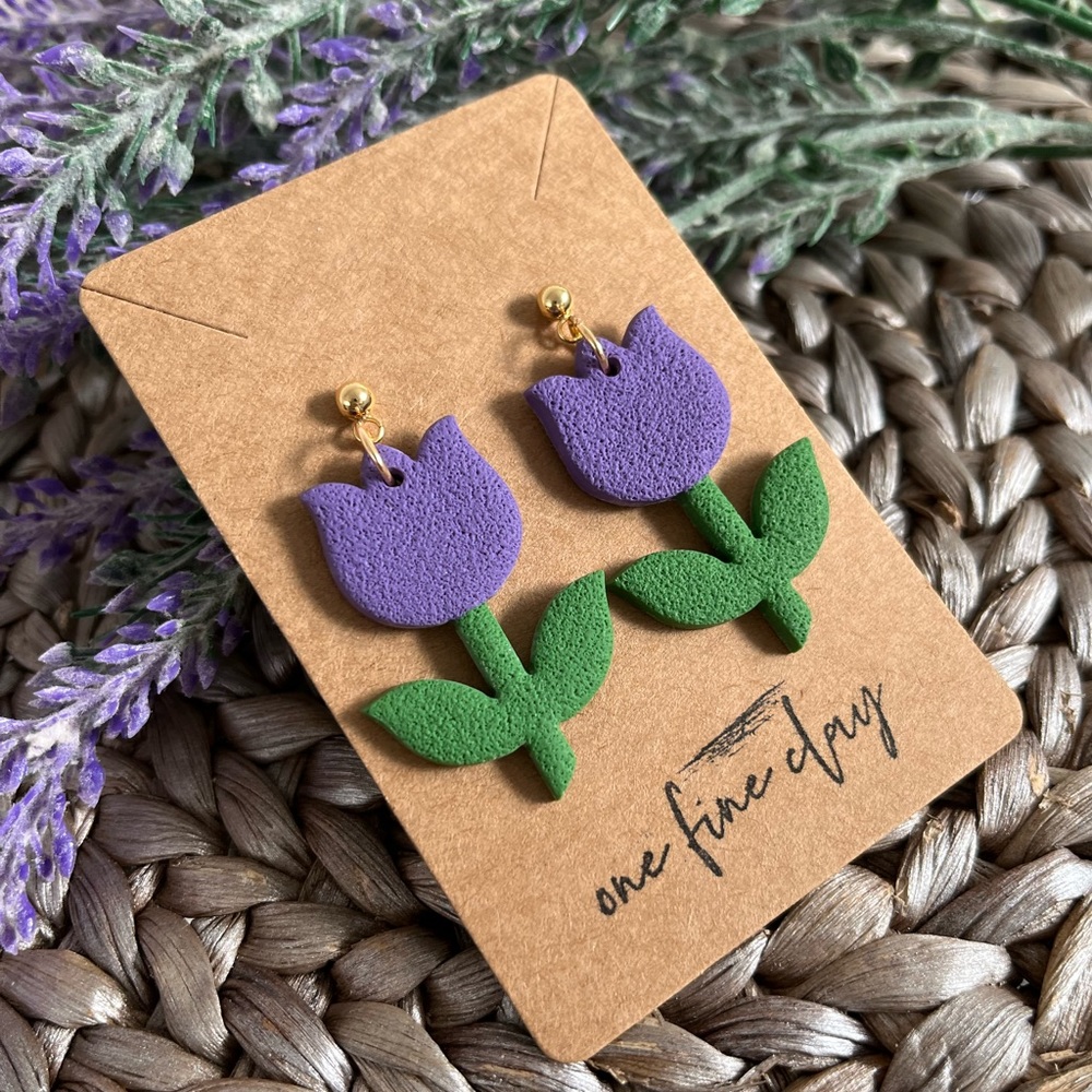 Tulip Flower Clay Dangle Earrings in Purple & Green